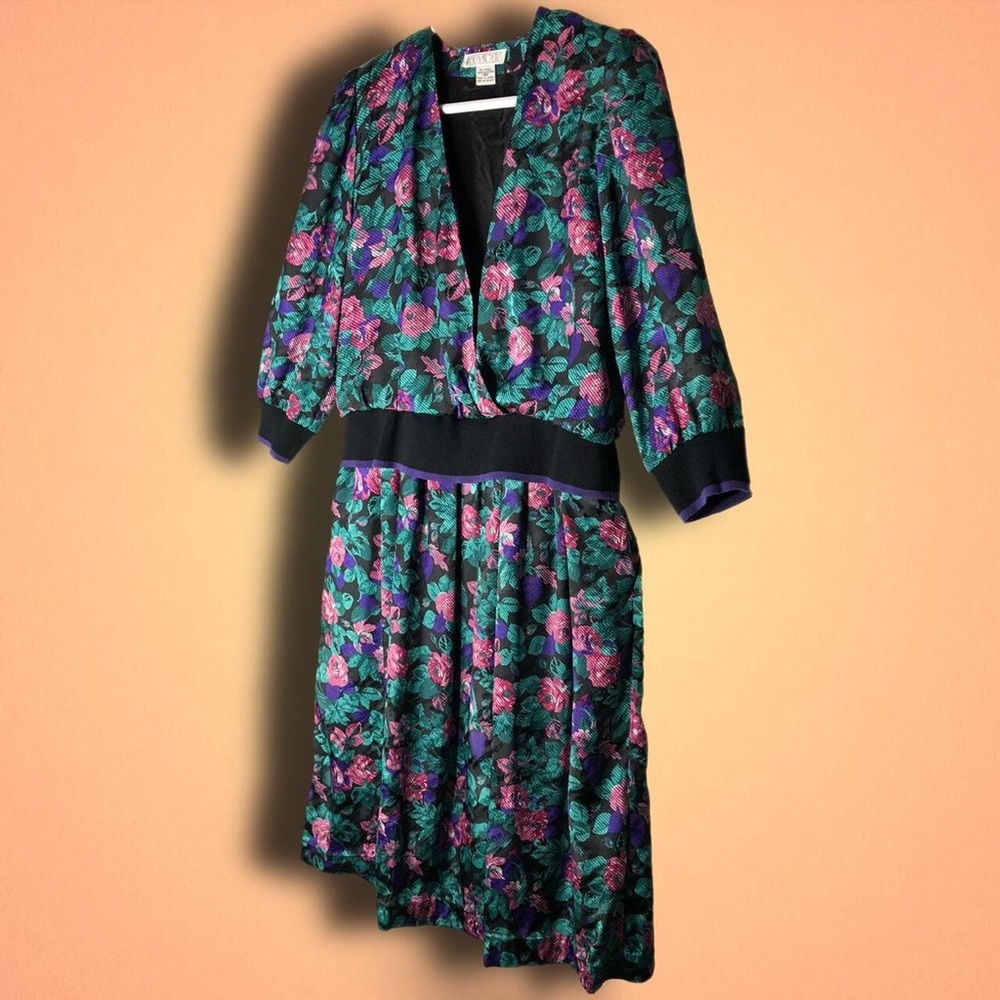 Vintage 80s Flowy Floral Blouson Midi Dress